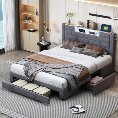 Opbergbed 140x200 cm – Grijs Linnen Tweepersoonsbed met 3 Lades, LED-Verlichting, USB & Type-C, Massief Houten Frame en Lattenbodem