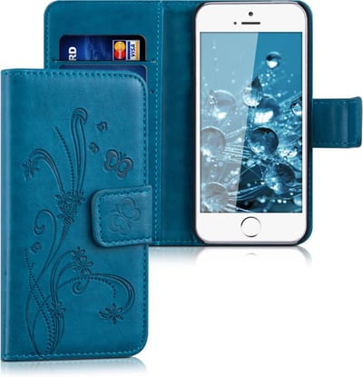 kwmobile telefoonhoesje geschikt voor Apple iPhone SE (1.Gen 2016) / iPhone 5 / iPhone 5S - Backcover voor smartphone - Hoesje met pasjeshouder in donkerblauw - Stengels en Vlinder design