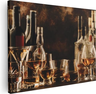 Artaza Canvas Schilderij Stilleven - 40x30 cm - Klein - Wanddecoratie Whisky Glazen - Muurdecoratie Woonkamer - Schilderijen Op Canvas