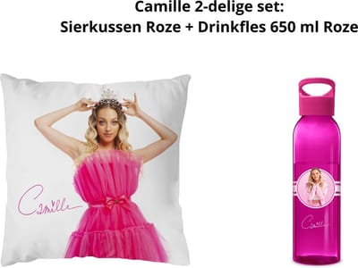 Camille Dhont - Camille 2-delige set: Roze Vierkant Sierkussen + Drinkfles 650ml Roze