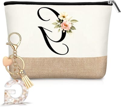 Persoonlijke Jute Make-up Tas met Initialen en Sleutelhanger - Reis- en Cosmetica Bag voor Vrouwen, Perfect voor Verjaardagen en Bruiloften