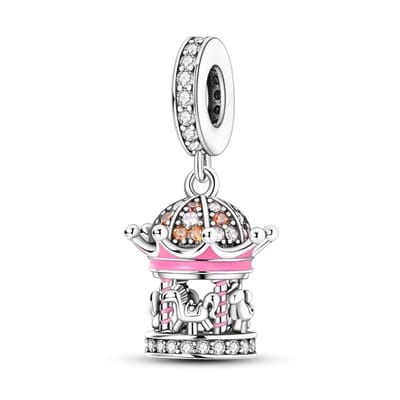 Fler® | Bedel | Past op populaire bedelarmbanden (standaard - 3mm) | Carrousel Kermis Bedel | Hangbedel Charm | 925 sterling zilver | Transparante & Oranje Zirkonia | Roze Emaille | Armband Kraal | Valentijnsdag Cadeau | Sinterklaas kado | Kerst