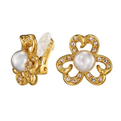 Traveller Clip Oorbellen - Oorclips Dames - Goud - Parel - Ø 8 mm - Wit - Kristal - Preciosa Crystals- Bloem - Verguld - Ø 20 mm - 114295
