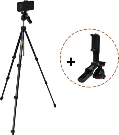 MOJOGEAR Creator GO Video — Lichtgewicht reisstatief met Video Head — Telefoonstatief voor smartphone en camera — Ingebouwde bluetooth remote, telefoonklem en statiefplaat — Tot 153 cm hoog — Zwart