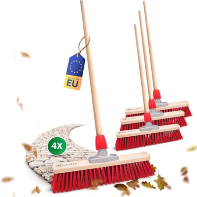 4x Straatbezems 50 cm met houten steel I Elaston rood I Bezem voor buiten I Industriële bezem Tuinbezem met steel Sneeuwbezem Universele bezem Stalbezem Winterbezem