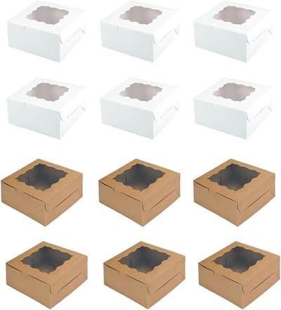 Vouwbare koekjesdozen met kijkvenster, 12 stuks in wit en bruin kraftpapier, ideaal voor snoep, chocolade en gebak (15,3 x 15,3 x 7,6 cm)