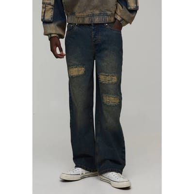 Relaxed Rip & Stitch Repair Jeans | Mid Wash | Size 44S