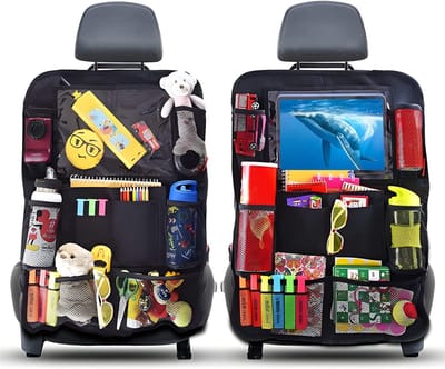 Famanu – Autostoel organizer voor kinderen, achterbank organizer met 4 vakken en 4 bekerhouders