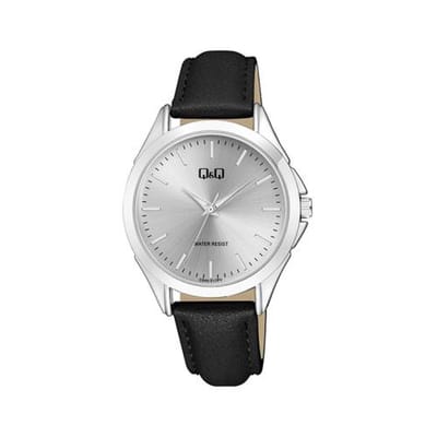 Q&Q C04A-017PY - Horloge - Analoog - Unisex - Leren band - Rond - Metaal - Streepjes - Zwart - Zilverkleurig