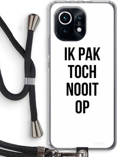 Case Company® - Hoesje met koord geschikt voor Xiaomi Mi 11 hoesje met Koord - Ik pak nooit op - Telefoonhoesje met Zwart Koord - Bescherming aan alle Kanten en Over de Schermrand