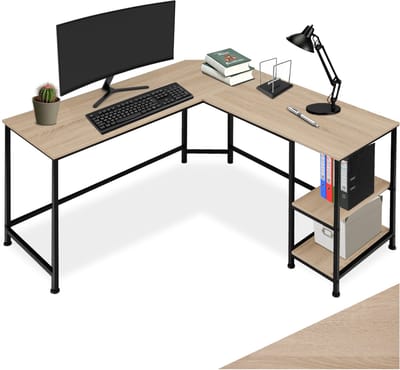 tectake® L-vormig bureau - Hoekureau - Computerbureau met 2 planken - Bureautafel van hout en metaal - Industrieel design - Zwart metalen frame - Draagkracht bureaublad 150 kg per plank 50 kg - Afmetingen (LxBxH) 138 x 138 x 75,5 cm - Lichtbruin