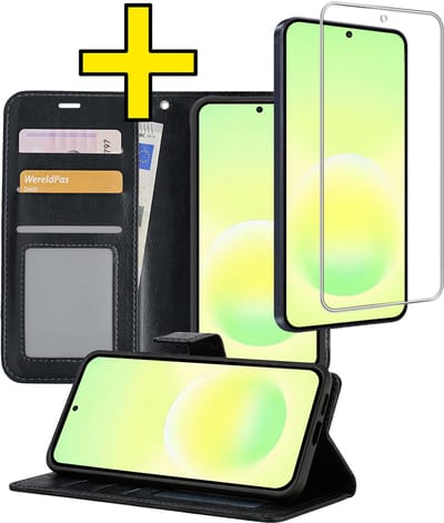Hoesje - Met Screenprotector - Geschikt voor Samsung Galaxy A57 - Luxe Pasjeshouder - Bookcase Portemonee - Flip Case - Kunstleer Book Case - Flipcase - Book Cover - Walletcase - Portemonneehoes - Telefoonhoesjes - Zwart