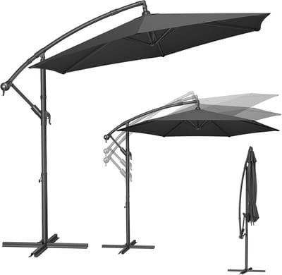 SONGMICS Parasol, zweefparasol, 300 cm, met standaard, zonwering balkon, balkonscherm, uv-bescherming UPF 50+, met zwengel voor openen en sluiten, terras, tuin, grijs