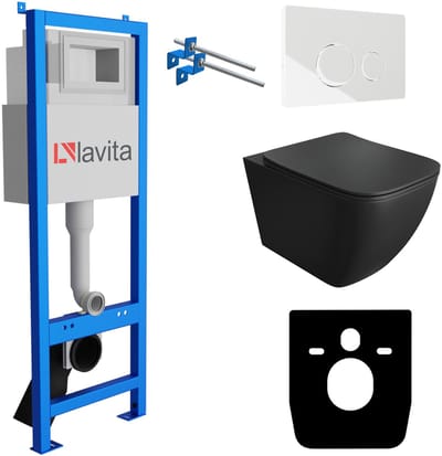 LAVITA® Inbouwreservoir Complete Toiletset LAV 101 - Inbouw WC Hangtoilet Wandcloset ONIL BLACK Zwart Mat - Bedieningsplaat 200.4.1 Wit - Voorwandelement voor toilet 40cm - Installatiesysteem