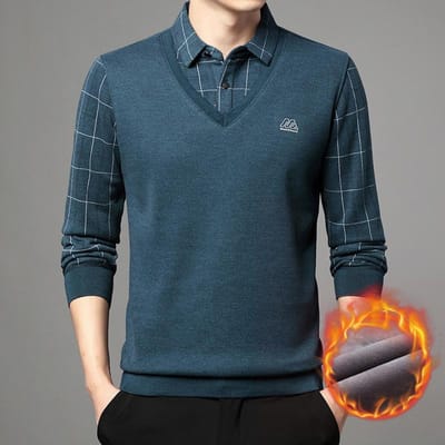 Heren T-shirt met lange mouwen en nep tweedelig effect voor herfst en winter, middelbare leeftijd, verdikt, geruit bedrukt heren poloshirt voor heren XXXXL gray