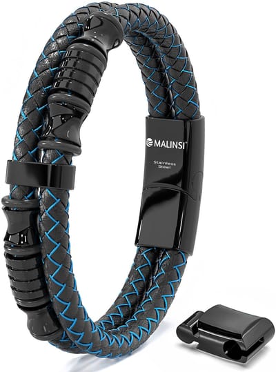 Malinsi® Armband Heren - Blauw Mysterie - RVS en Leer - 20 cm + 2 cm verlengstuk - Armbandje Mannen