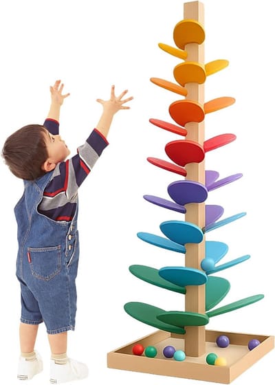 Houten Knikkerbaan - Klankboom Regenboog - Kinderen Leren Spelen - Unieke Geluidservaring - 71 cm Hoog - Multicolor