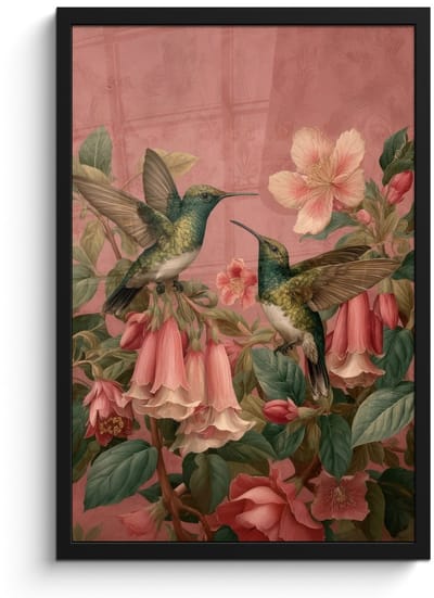 Poster in lijst - Fotolijst 40x60 cm - Posters - Kolibries - Bloemen - Groen - Roze - Posterlijst zwart - Decoratie - Wanddecoratie woonkamer - Muurdecoratie slaapkamer