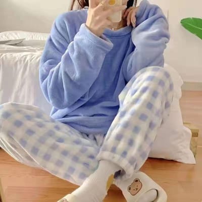 Herfst Nieuw Warm Ronde Hals Lange Mouw 2-delige Outfit Set Dames Pluche Huiskleding voor Dames Leuke Print Pyjama voor Meisjes M