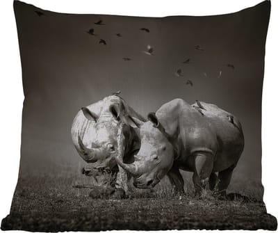 Tuinkussen - Neushoorn - Vogel - Dieren - Landschap - Zwart wit - 40x40 cm - Weerbestendig