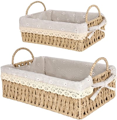 Dailygoods- Opbergmand Boho - 2-delige Set - Gevlochten Mand - Afneembaar Inzetstuk - Decoratieve Kanten Rand - 31x19x14,5 cm & 25x14x13,5 cm - Opbergmanden
