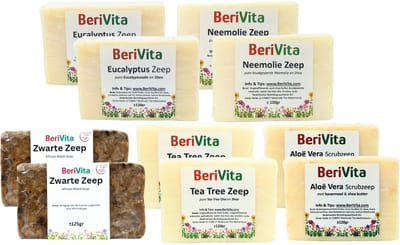 30x Natuurlijke Zepen Pakket - Zeeptabletten - 5x Zwarte Zeep 125gr, 5x Aloë Vera Havermout Scrubzeep 120gr, 5x Neemolie Zeep 120gr, 5x Tea Tree Zeep 120gr, 5x Eucalyptus Zeep 120gr en 5x Honing Havermout Scrubzeep 120gr