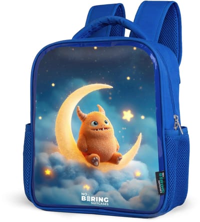 NoBoringSuitcases.com® - Rugzak blauw - Schooltas jongens - Oranje monster op maansikkel - Kinder rugtas jongen - Boekentas kind - Kinderrugzak voor school - Schoolrugzak