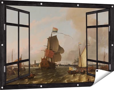 Gards Tuinposter Doorkijk Het Oorlogsschip Brielle op de Maas voor Rotterdam - Ludolf Bakhuysen - 120x80 cm - Tuindoek - Tuindecoratie - Wanddecoratie buiten - Tuinschilderij