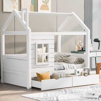 MEUNIQ kinderbed 80x160 cm met uitvalbeveiliging, lattenbodem en 2 opberglades, wit houten huisbed voor de kinderkamer