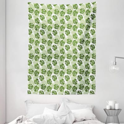 ABAKUHAUS Groen en Wit Wandtapijt, Palmbomen en Monstera's, Woonkamer Slaapkamer Wanddoek Zijdezacht Satijn Wandtapijt, 150 x 200 cm, Groen Lichtgroen