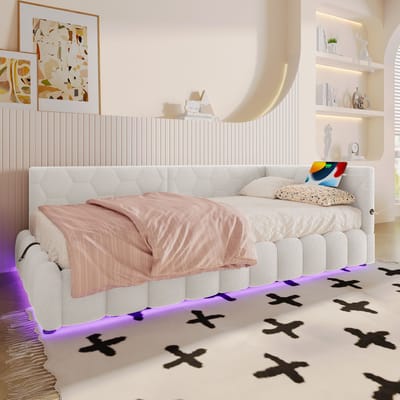 MIVRAY Dagbed 90x200 Cm - Slaapbank Met Led Lichtstrip En Hydraulische Opbergruimte - Met Usb En Type C - Fluweel - Wit - Zonder Matras