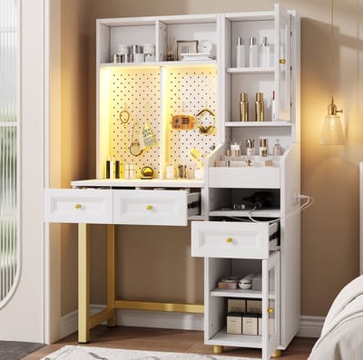 Kaptafel Met Ledverlichting, Lochwand Organizer Met 5 Haken, 3 Lades, Glazen Kast En Oplaadpunten, Wit Goud, 100 X 45 X 156 Cm