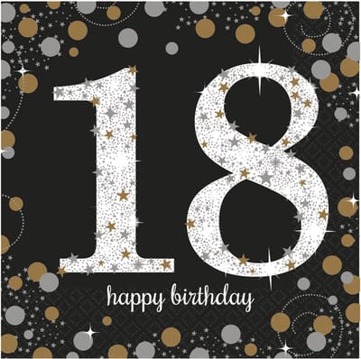 Amscan Servetten 18 jaar - 16x stuks - zwart - 33 x 33 cm - confetti - luxe - verjaardag