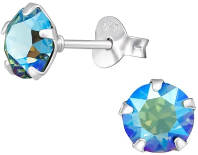 Joy|S - Zilveren ronde oorbellen - kristal blauw paarlemoer - 6 mm - oorknoppen - sterling zilver 925