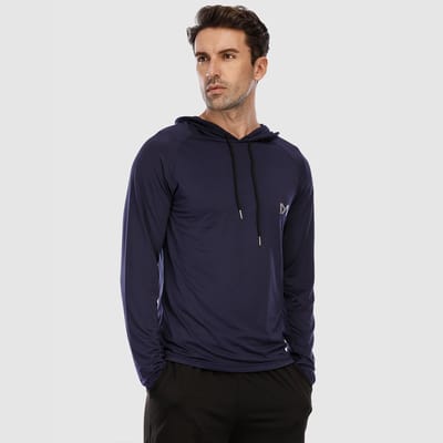 MEETYOO Heren Atletische Hooded Shirts Lange Mouw Workout Sport Hoodie Casual Hardloop T-shirt Snel Droog Pullover Top Sweatshirt-Blauw-XL