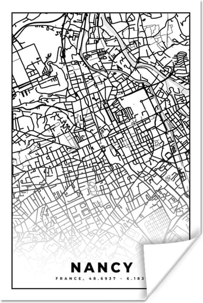 Poster Stadskaart - Nancy - Plattegrond - Kaart - Frankrijk - Zwart wit - 120x180 cm XXL