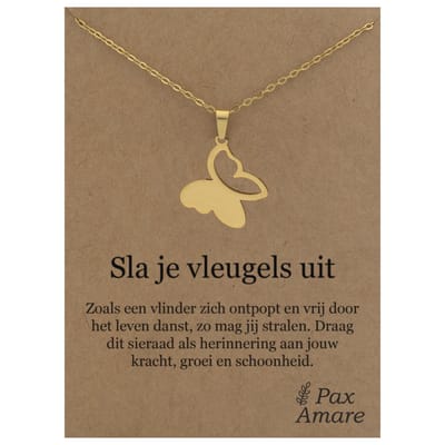 Stainless Steel Vlinder Ketting op Cadeau Kaartje - Sla je vleugels uit - 45cm Goudkleurig Roestvrij Staal - Pax Amare