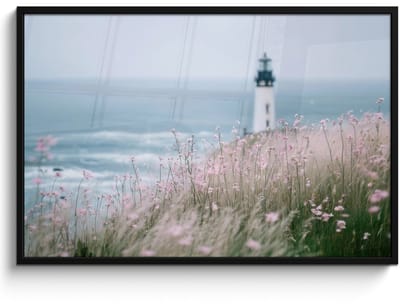 Poster in lijst - Fotolijst 120x80 cm - Posters - Vuurtoren - Klif - Zee - Bloemen - Posterlijst zwart - Decoratie - Wanddecoratie woonkamer - Muurdecoratie slaapkamer