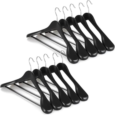 Houten Pakhangers - Brede Schouderhangers - Garderobe Organiseren - Antislip Broekstang - 10 Stuks - Zwart
