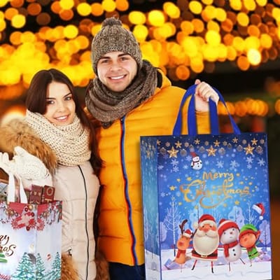 Extra grote herbruikbare kerstgeschenkzakken - 4 stuks, 50 x 40 x 16 cm, met handgrepen voor cadeauverpakking en boodschappen