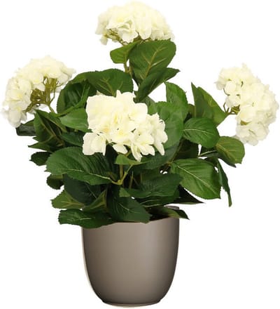 Hortensia kunstplant/kunstbloemen 45 cm - wit - in pot taupe mat - Kunst kamerplant