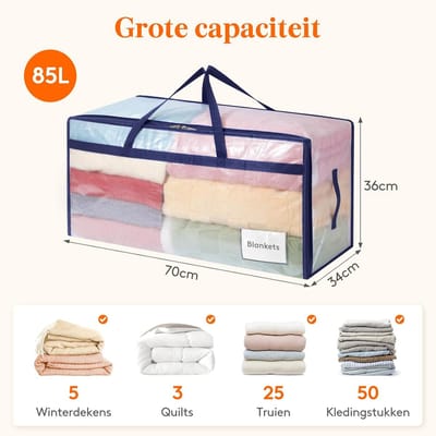 Verhuiszakken met handvat - Opbergtas dekbed - Seizoensopslag thuis - Versterkte dubbele handgrepen - 85 liter inhoud - Transparant