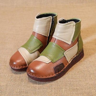 Winter Bovenlaag Koeienhuid Platte Zool Casual Dameslaarzen Etnische Stijl Kleurblokkering Echt Leer Korte Laarzen Warm en Comfortabel Katoenen Schoenen 39 beige