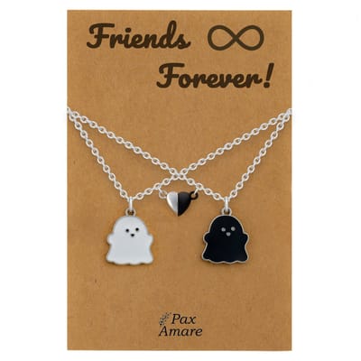 BFF Ketting voor 2 ' Friends Forever' - Spookjes + Magnetisch Hartje - Vriendschapsketting op Cadeau Kaartje - 45cm + 5cm verstelbaar - Zilverkleurig - Best Friends Hanger - Pax Amare