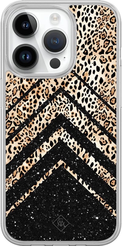 Casimoda® hoesje - Geschikt voor iPhone 14 Pro - Chevron Luipaard - 2-in-1 case - Schokbestendig - Luipaardprint - Verhoogde randen - Bruin/beige, Transparant