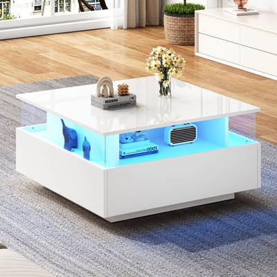 Sweiko Salontafel - Hoogglans - LED-verlichting - 2 lades - Transparant displaygedeelte - Wit