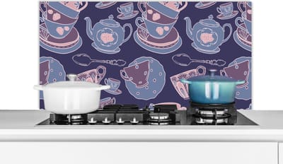 Spatscherm keuken 100x50 cm - Kookplaat achterwand Patroon - Thee - Kop - Theepot - Muurbeschermer - Spatwand fornuis - Hoogwaardig aluminium