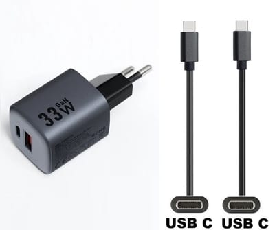 OneOne 33W snellader met 2 poorten + 1,5m sterke USB C naar C kabel. GAN lader. PD PPS oplader adapter past op Samsung Galaxy M07, F07, M17, F17, Z TriFold, Tab A11 / A11+, Tab S11 / S11 Ultra, Tab S5e, Tab S6, Tab S7, Tab S8