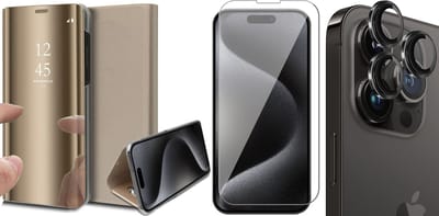Hoesje geschikt voor iPhone 15 Pro - Screenprotector GlassGuard & Camera Lens Screen Protector Zwart - Book Case Spiegel Goud