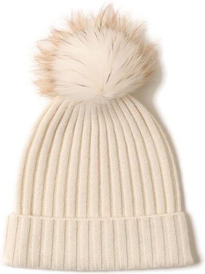 Hommard Cashmere Rib Stitch Beanie met PomPom, 100% Cashmere, heren, dames, unisex, Woolwhite, Wolwit